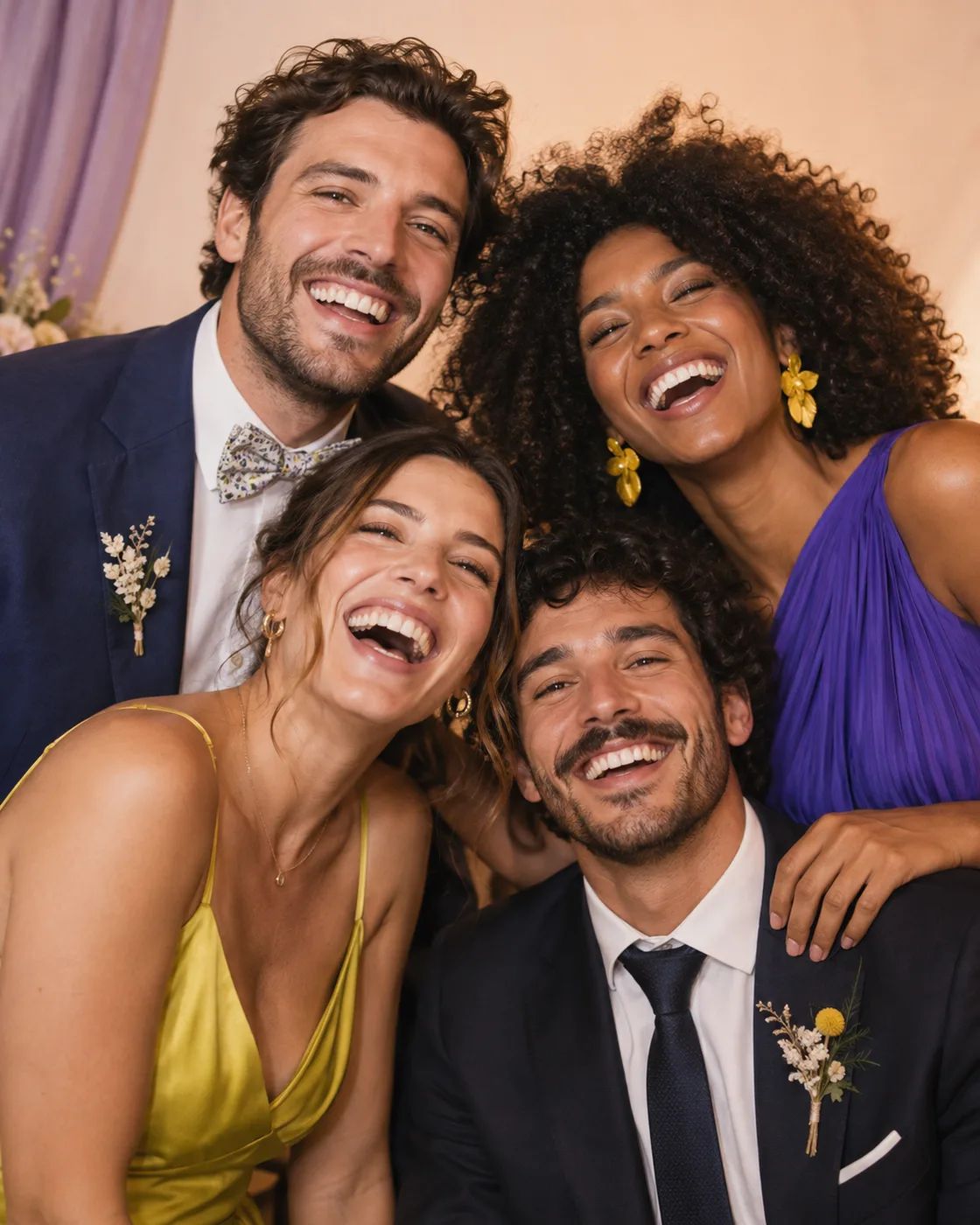 Illustration d’ambiance : quatre amis réunis pour une photo de fête